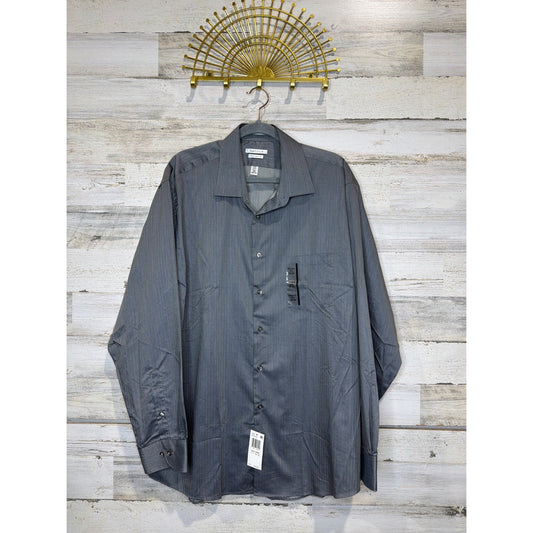 Van Heusen Dress Shirt Men 17.5 34/35 Grey Royal Herringbone Business Core NWT0
