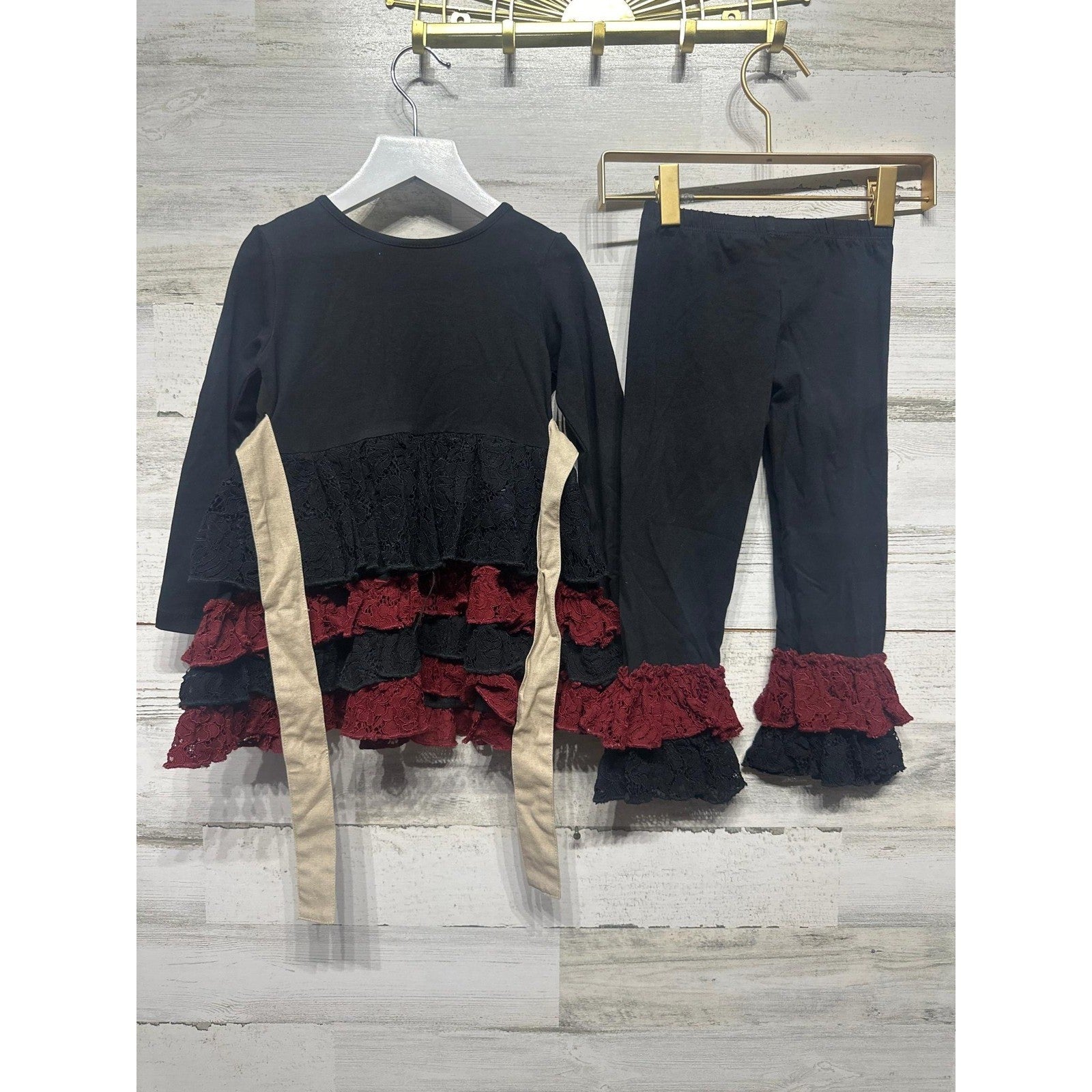 Mustard Pie Tunic Legging Set Girls 2T Black Burgundy Lace Ruffle NWOT2