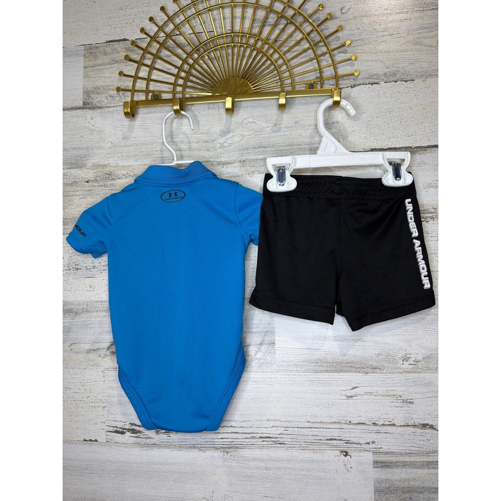 Under Armour Bodysuit Shorts Set Boys 3-6M Blue Black HeatGear Athletic Sporty4