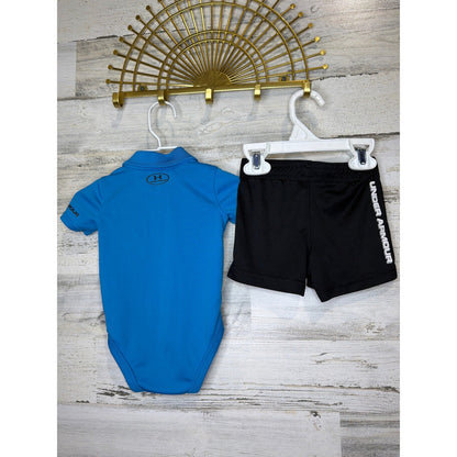 Under Armour Bodysuit Shorts Set Boys 3-6M Blue Black HeatGear Athletic Sporty4
