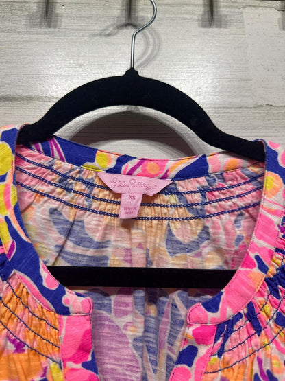 Lilly Pulitzer Dress Womens XS Pink Purple Floral Smocked Split Neck EUC1