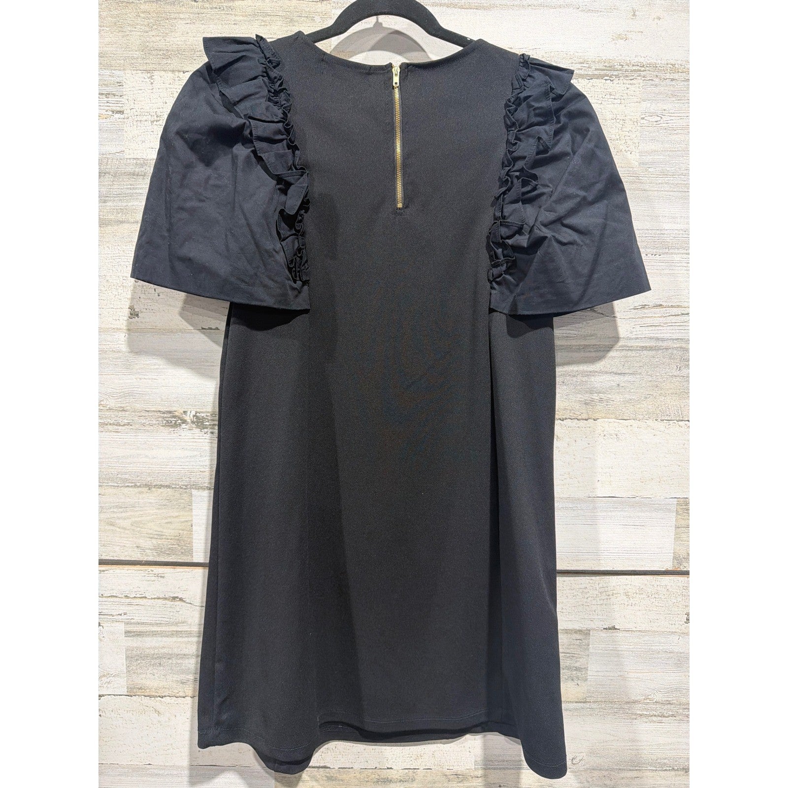 Gaudie Mini Dress Women Size Medium Black Ruffle Flutter Sleeve Shift EUC3