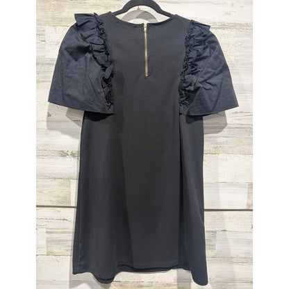 Gaudie Mini Dress Women Size Medium Black Ruffle Flutter Sleeve Shift EUC3