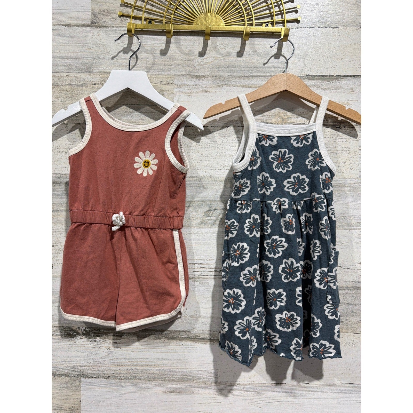 Little Co Smiley Face Romper Floral Dress Girls 3T Rust Navy Boho EUC0