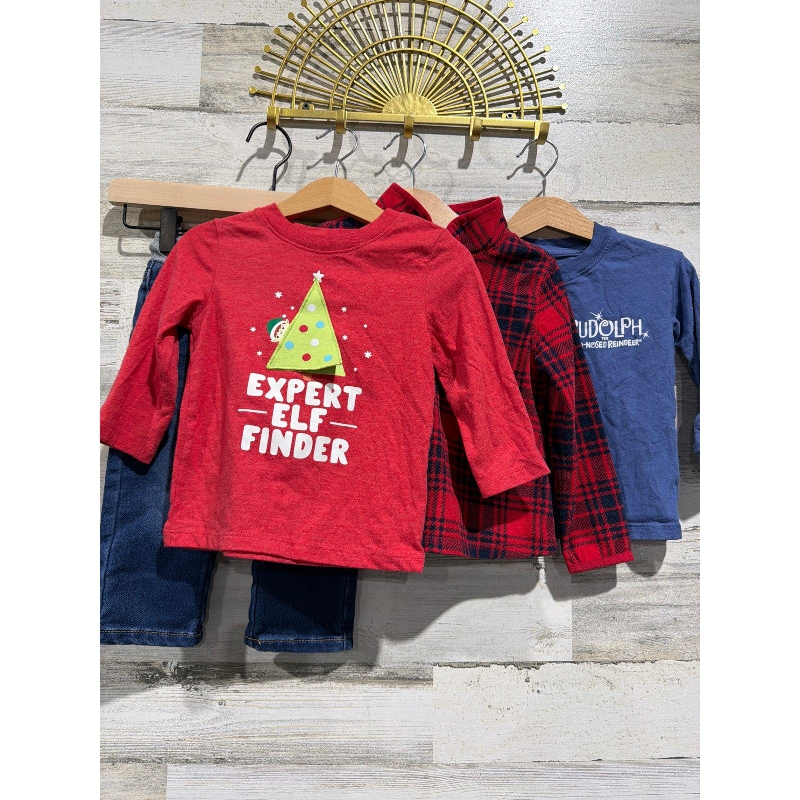 Carter's Holiday Bundle Boys 18-24M Red Blue Plaid Christmas Elf Rudolph EUC0