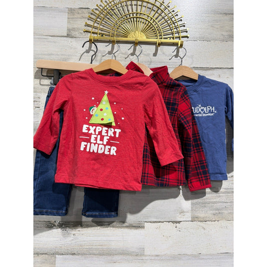 Carter's Holiday Bundle Boys 18-24M Red Blue Plaid Christmas Elf Rudolph EUC0