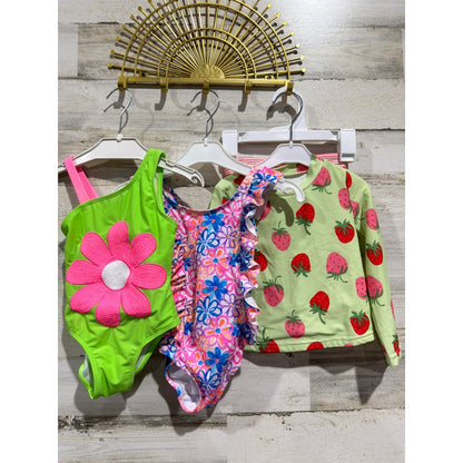 Snapdoodles Andy & Evan Swimsuit Bundle Girls 3T / 4 Green Pink Floral Flawed*0