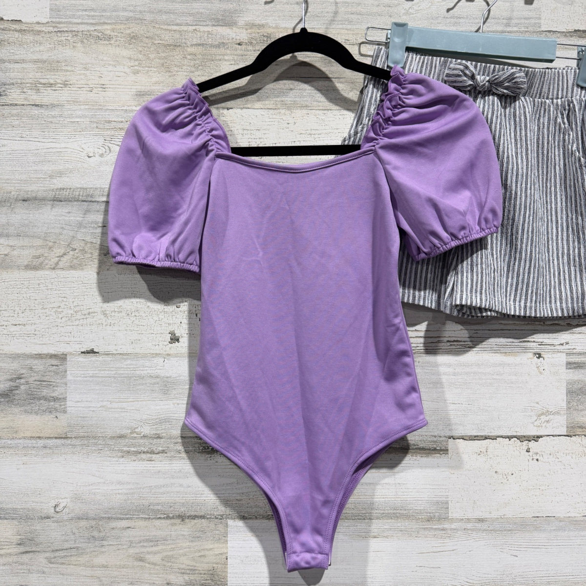 Bodysuit and Shorts Set Girls 10-11Y Purple Striped Modern EUC2