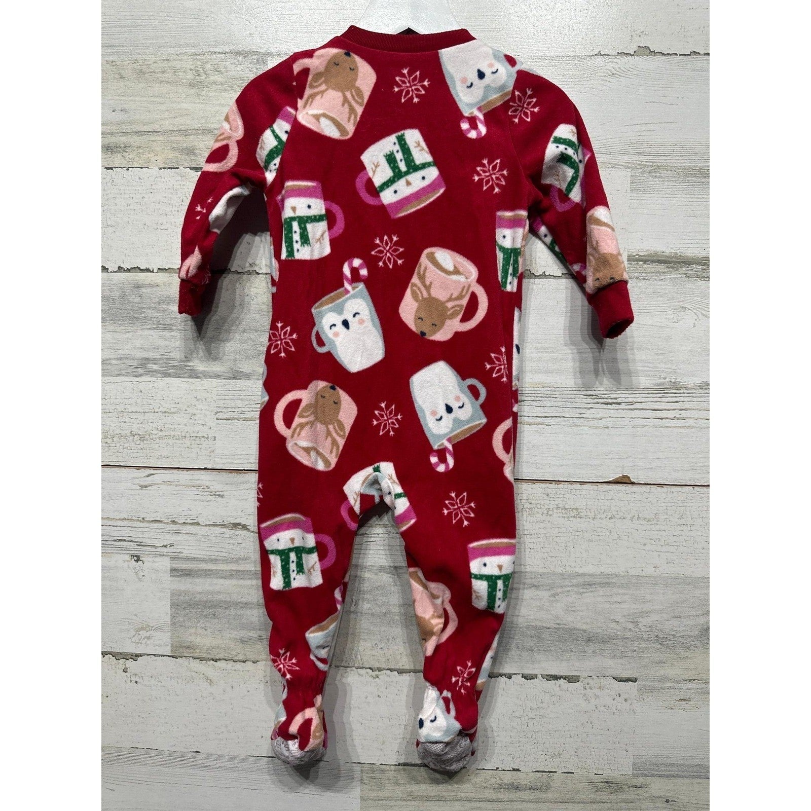 Carters Footed Pajamas Girls 12M Red Fleece Hot Cocoa Winter Holiday EUC3
