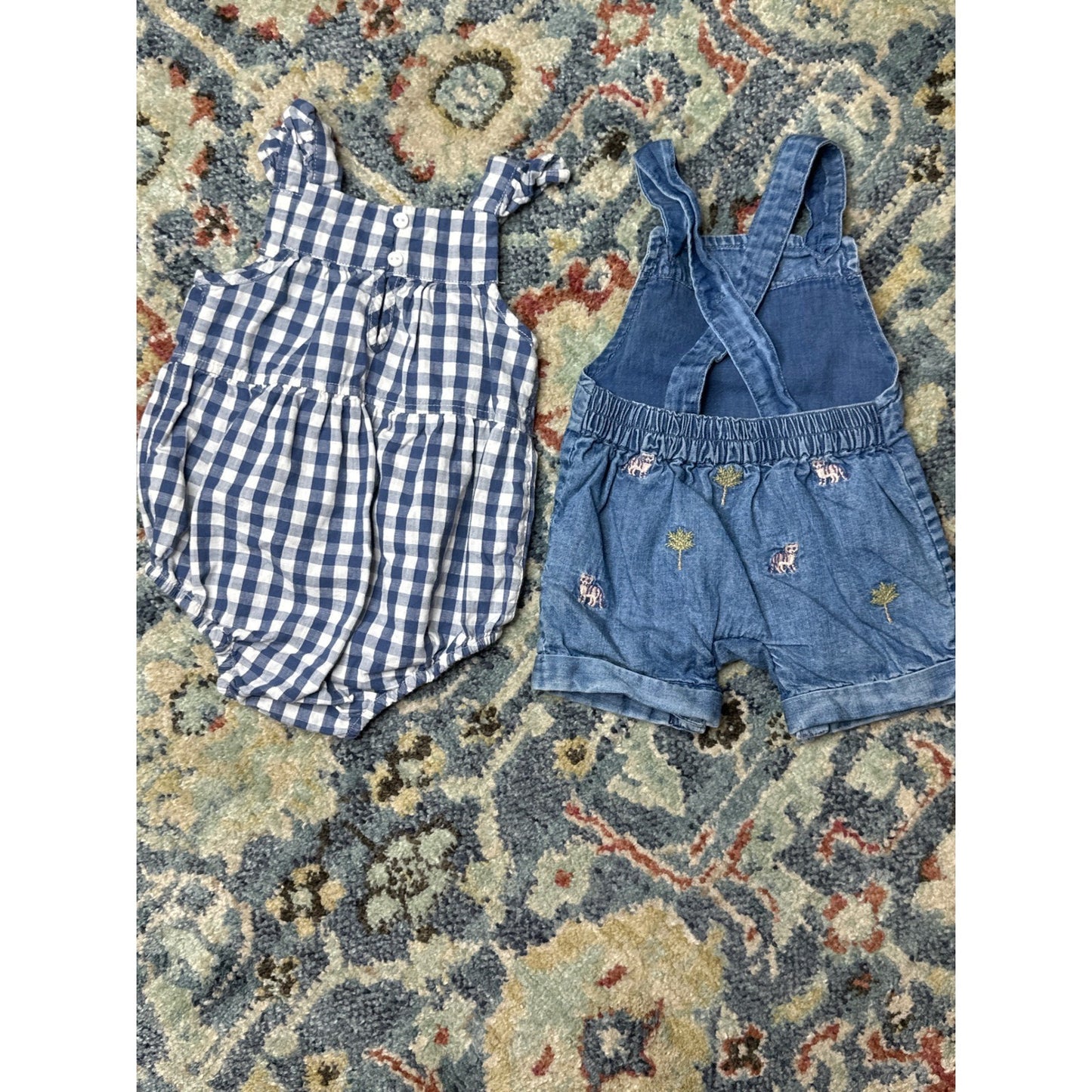 Cat & Jack Janie and Jack Romper Overalls Girls 0-3M Blue Gingham Denim EUC3
