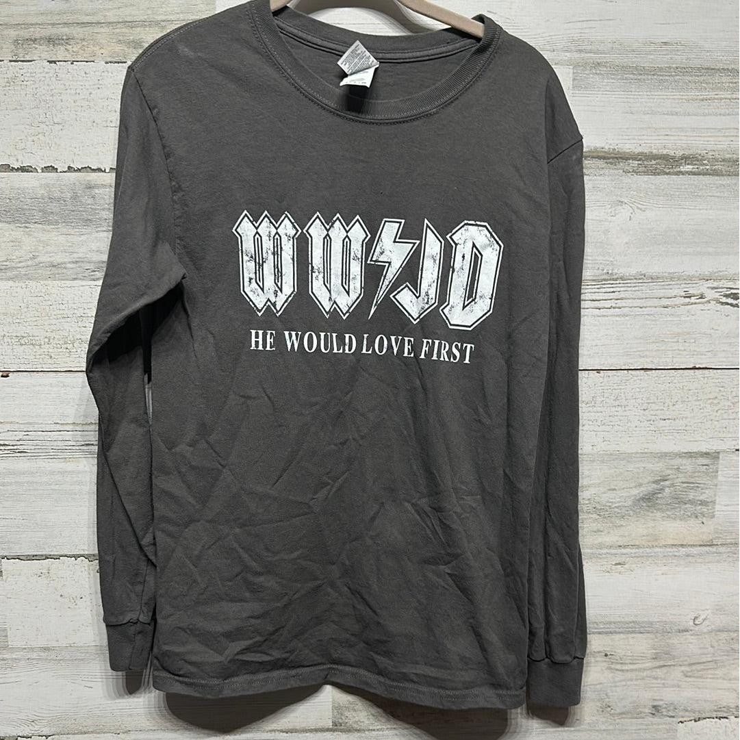 Gildan WWJD Long Sleeve Shirt Women Small Gray Graphic Rock Aesthetic EUC0
