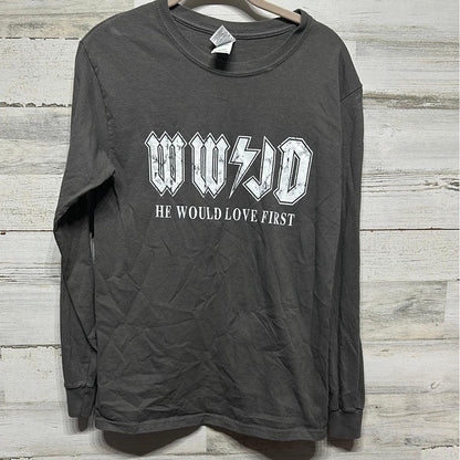 Gildan WWJD Long Sleeve Shirt Women Small Gray Graphic Rock Aesthetic EUC0