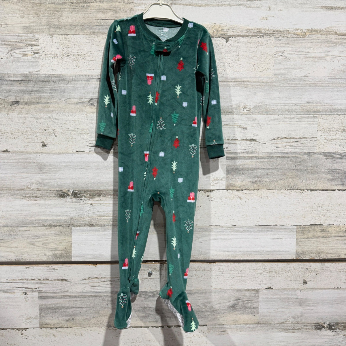 Carter's Footed Sleeper Kids 24M Green Christmas Tree Fleece Holiday EUC0