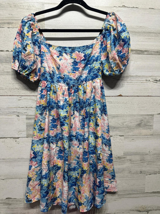 Floral Puff Sleeve Mini Dress Women Small Blue Pink Tie Back Cutout0