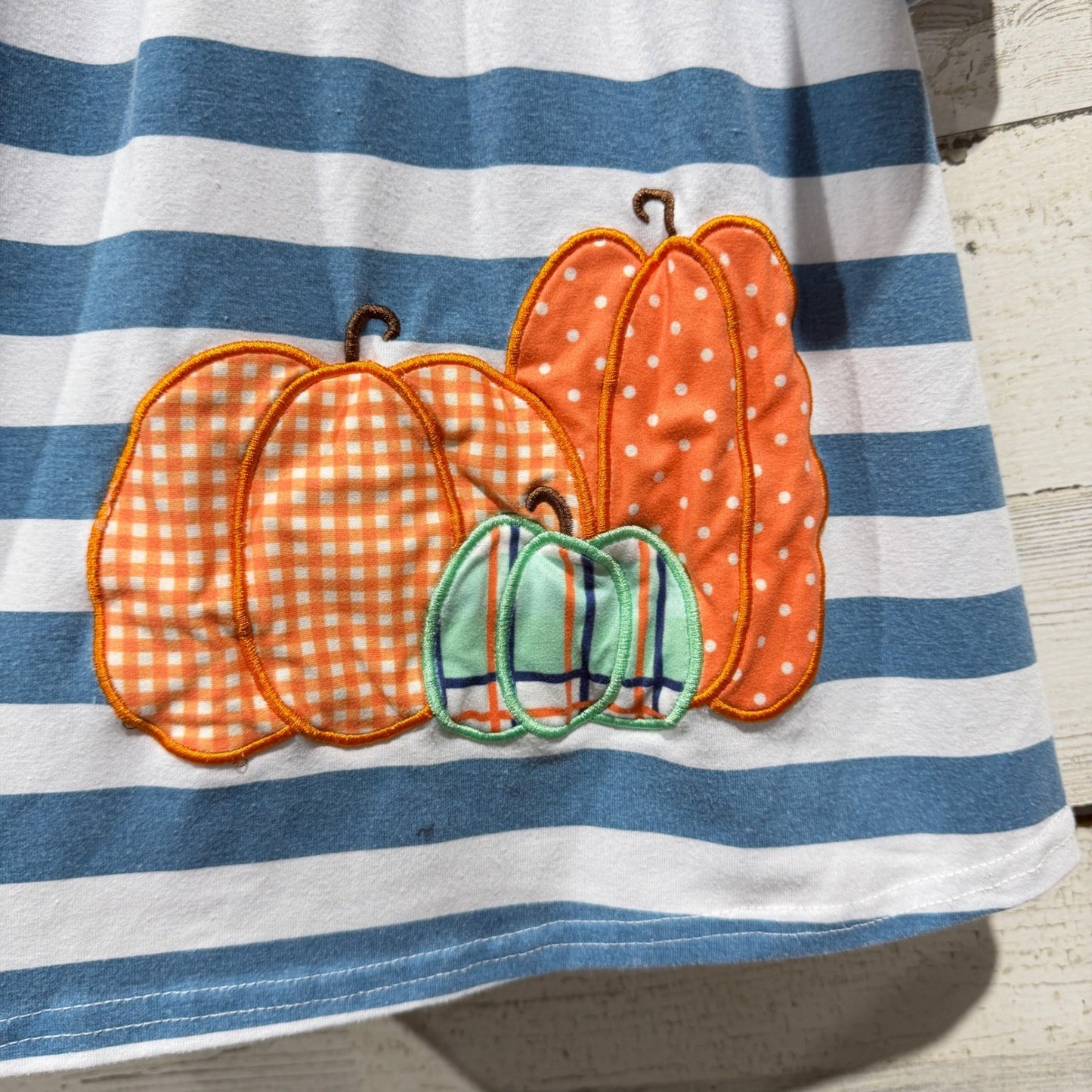 Boutique Dress Girls 7-8T Blue Stripe Pumpkin Applique Fall Boutique *Flawed*1