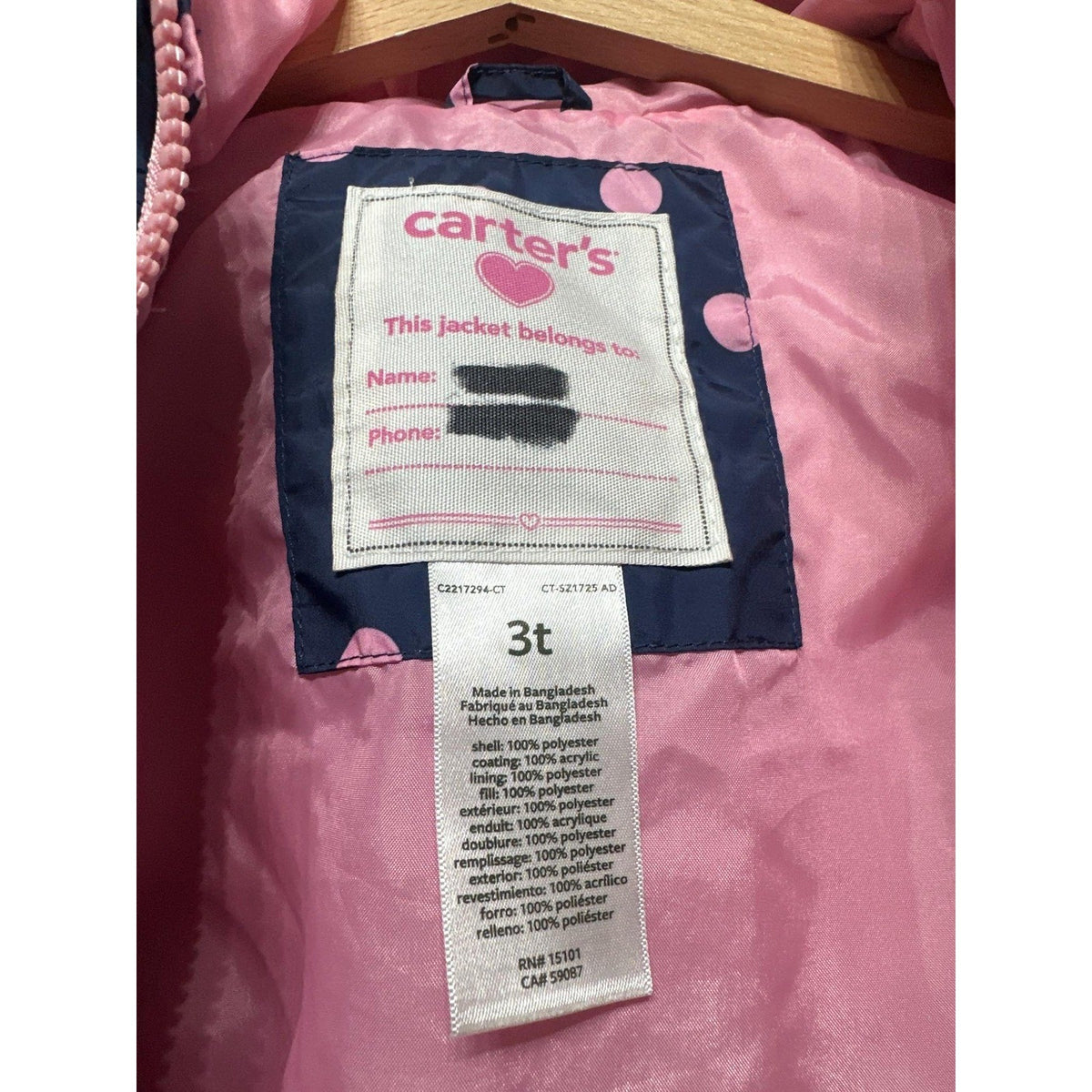 Carter's Puffer Jacket Girls 3T Navy Pink Polka Dot Hooded Zip Coat GUC*2