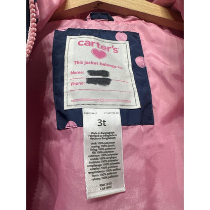 Carter's Puffer Jacket Girls 3T Navy Pink Polka Dot Hooded Zip Coat GUC*2