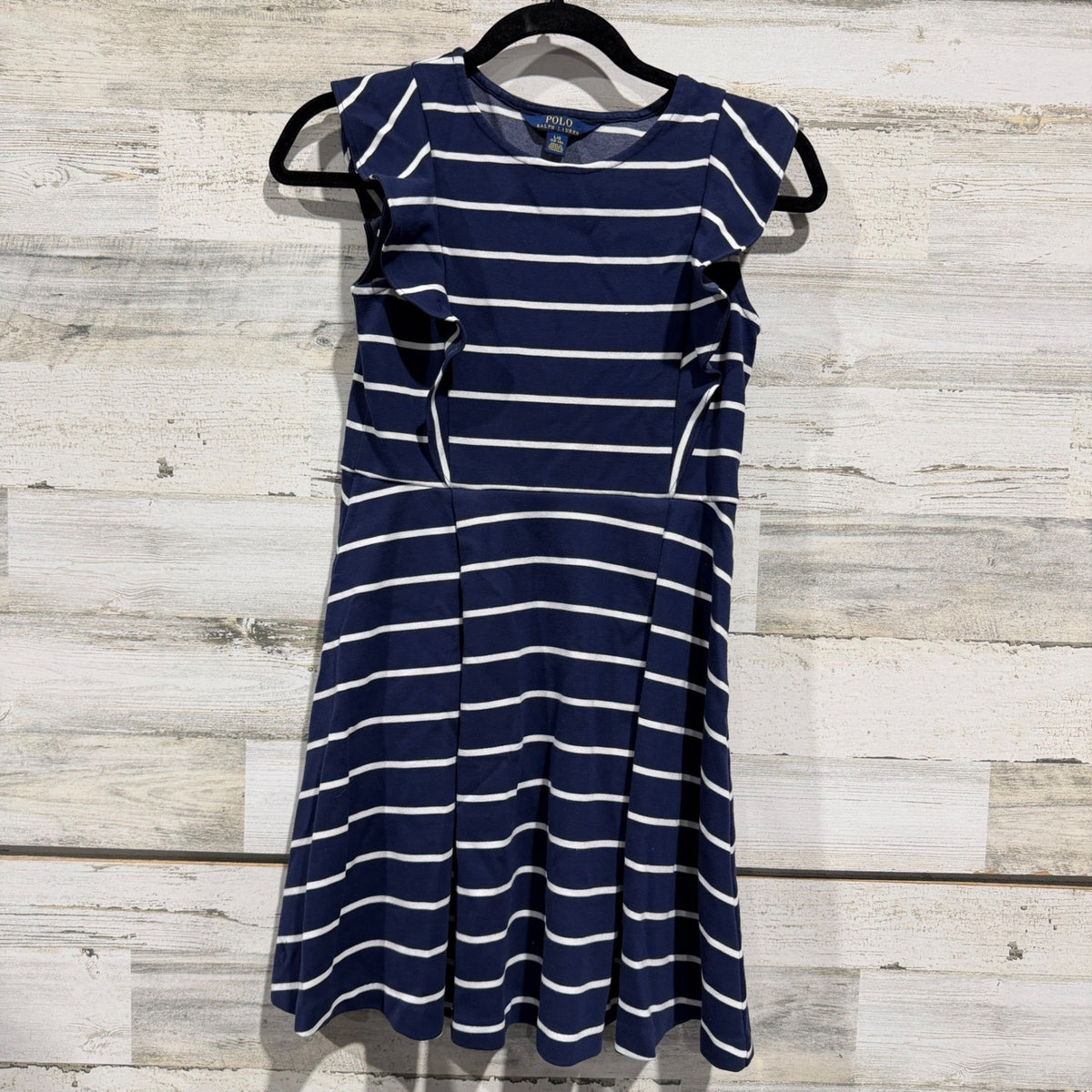 Polo Ralph Lauren Ruffle Stripe Dress Girls L 12-14 Navy White Cotton Preppy EUC0