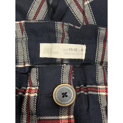 Zara Plaid Skirt Girls 11-12 Navy Blue Tartan Paperbag Waist Preppy EUC3