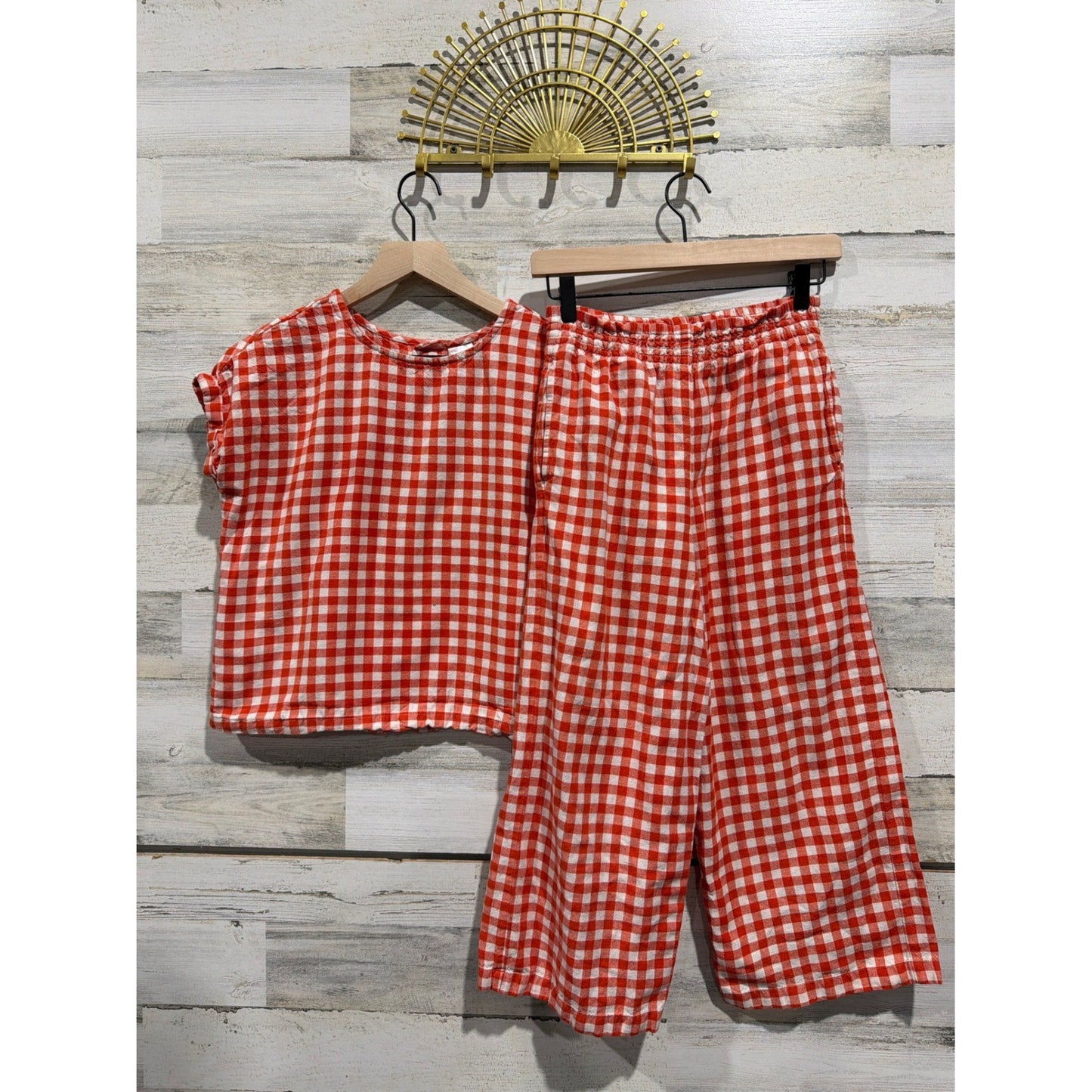 Hanna Andersson Linen Set Girls 12 Red Gingham Check Two Piece *Flawed0