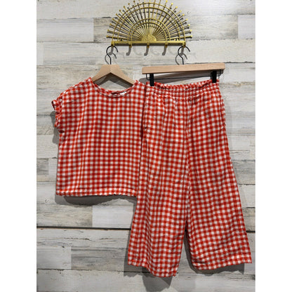 Hanna Andersson Linen Set Girls 12 Red Gingham Check Two Piece *Flawed0