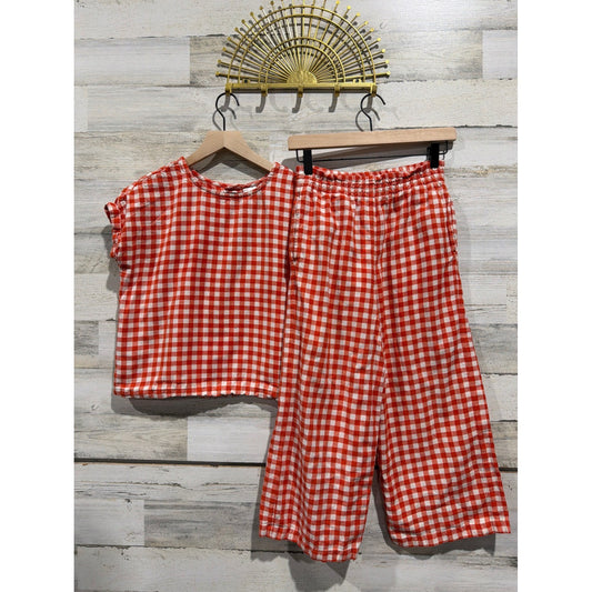 Hanna Andersson Linen Set Girls 12 Red Gingham Check Two Piece *Flawed0