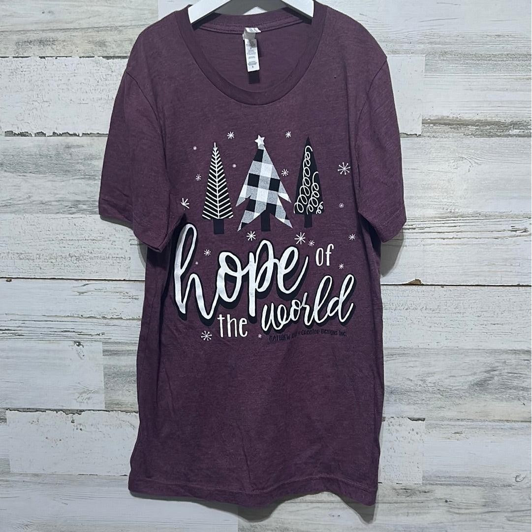 Bella Canvas Graphic Tee Women Small Plum Hope of the World Christmas Tree EUC0