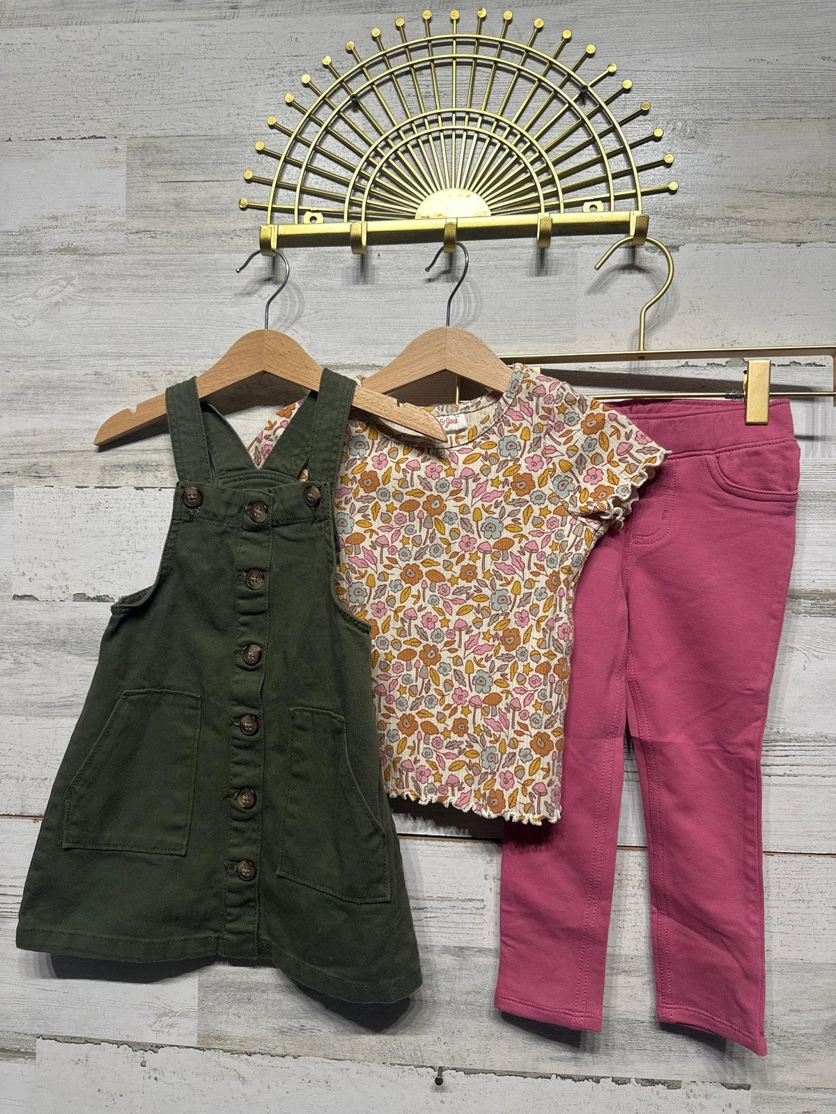 Cat & Jack 3pc Outfit Set Girls 3T Green Pink Floral Jumper Tee Pants0