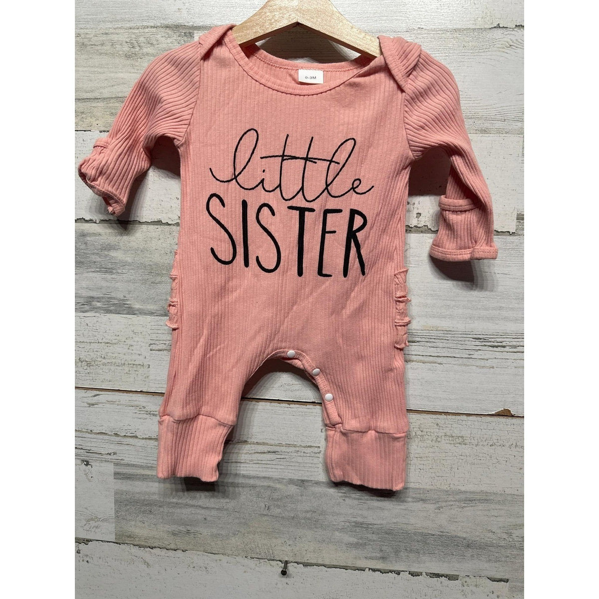 Boutique Romper Girls 0-3M Pink Little Sister Ruffle Back Ribbed EUC0