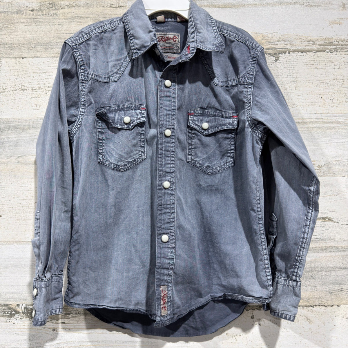 Rafter C Western Shirt Boys Small Gray Pro Flex 45 Pearl Snap Cowboy EUC0