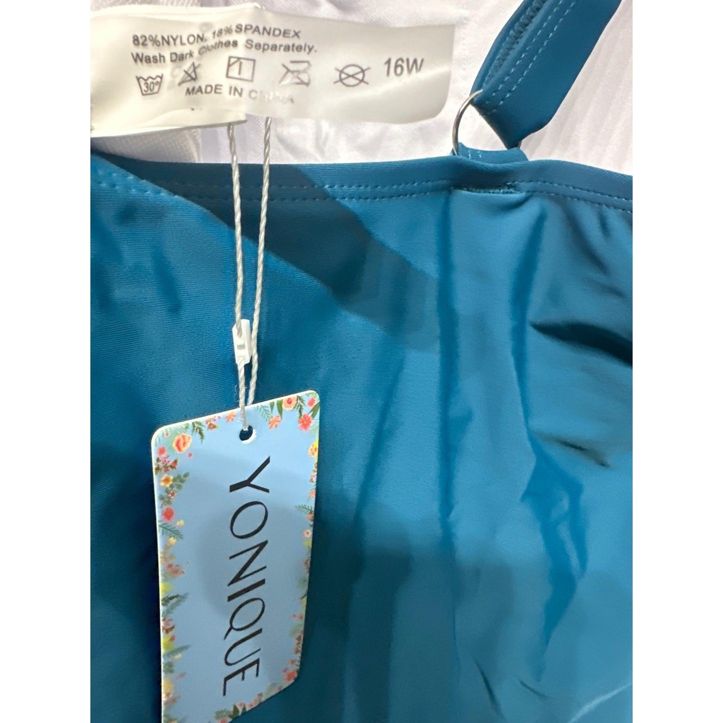 Yonique Tankini Swimsuit Women 16W Teal Black Ruffle Tummy Control NWT2