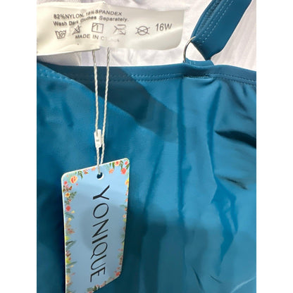 Yonique Tankini Swimsuit Women 16W Teal Black Ruffle Tummy Control NWT2