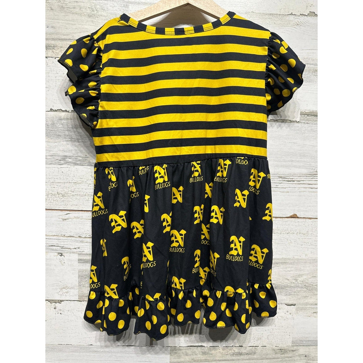 Boutique Bulldogs Tunic Top Girls 10/12 Black Yellow Stripe Polka Dot EUC3