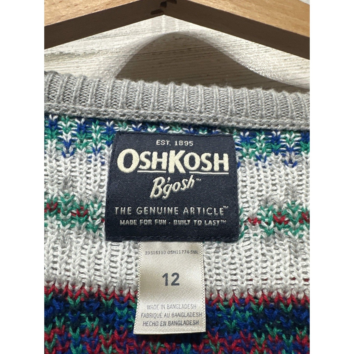 OshKosh Dinosaur Fair Isle Sweater Boys 12 Grey Blue Knit Crewneck EUC1