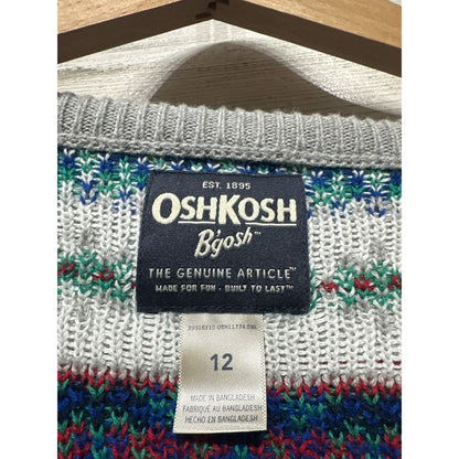 OshKosh Dinosaur Fair Isle Sweater Boys 12 Grey Blue Knit Crewneck EUC1