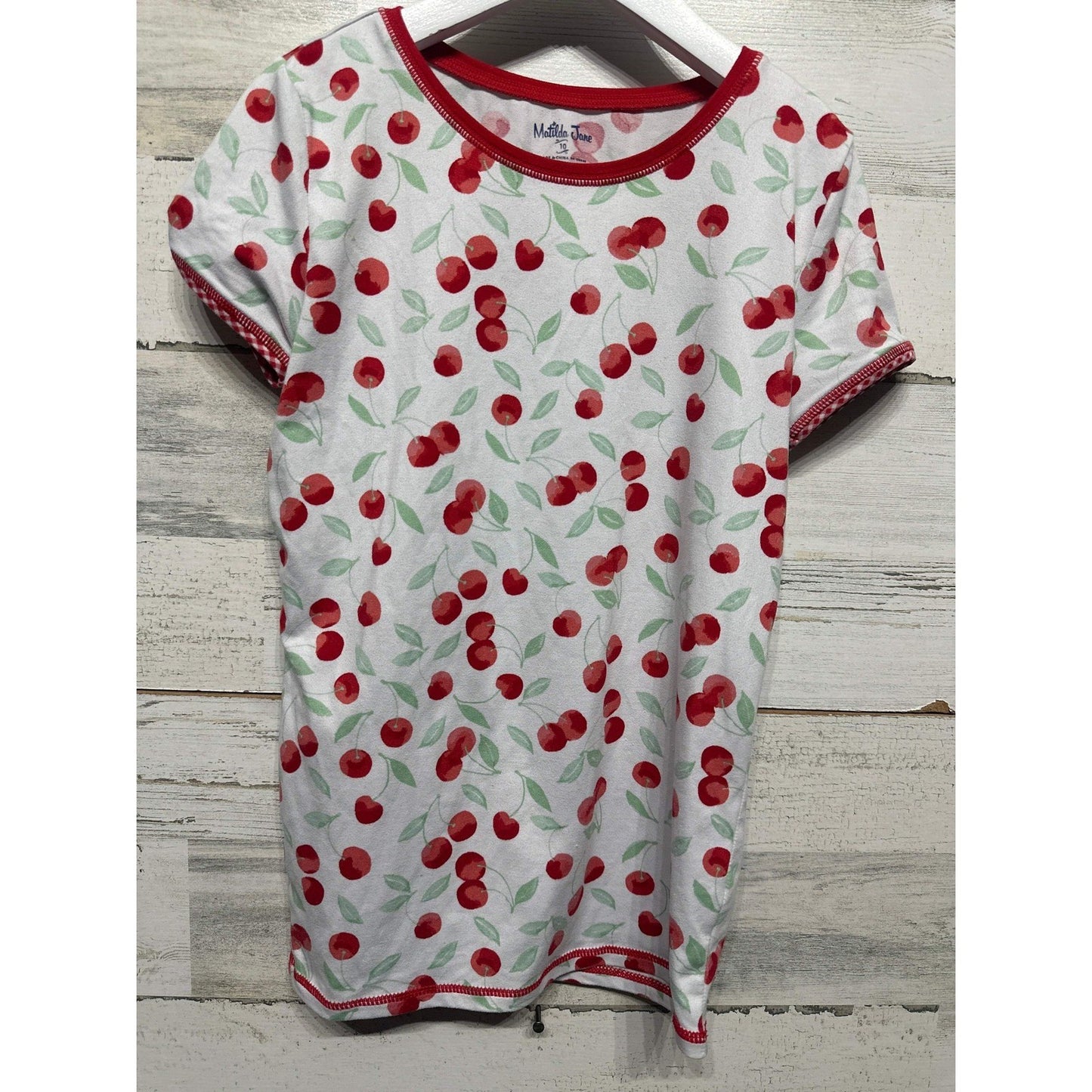 Matilda Jane T-Shirt Girls Size 10 White Red Cherry Print Gingham Cuffs EUC0
