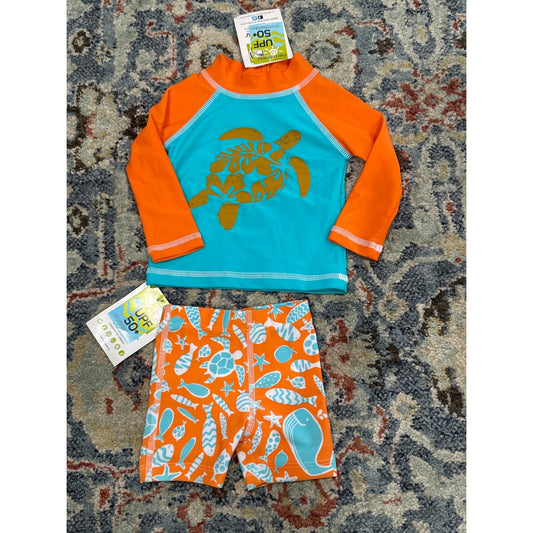 Flap Happy Rash Guard Swim Trunk Set Boys 6M Blue Orange Turtle Sea Life NWT0