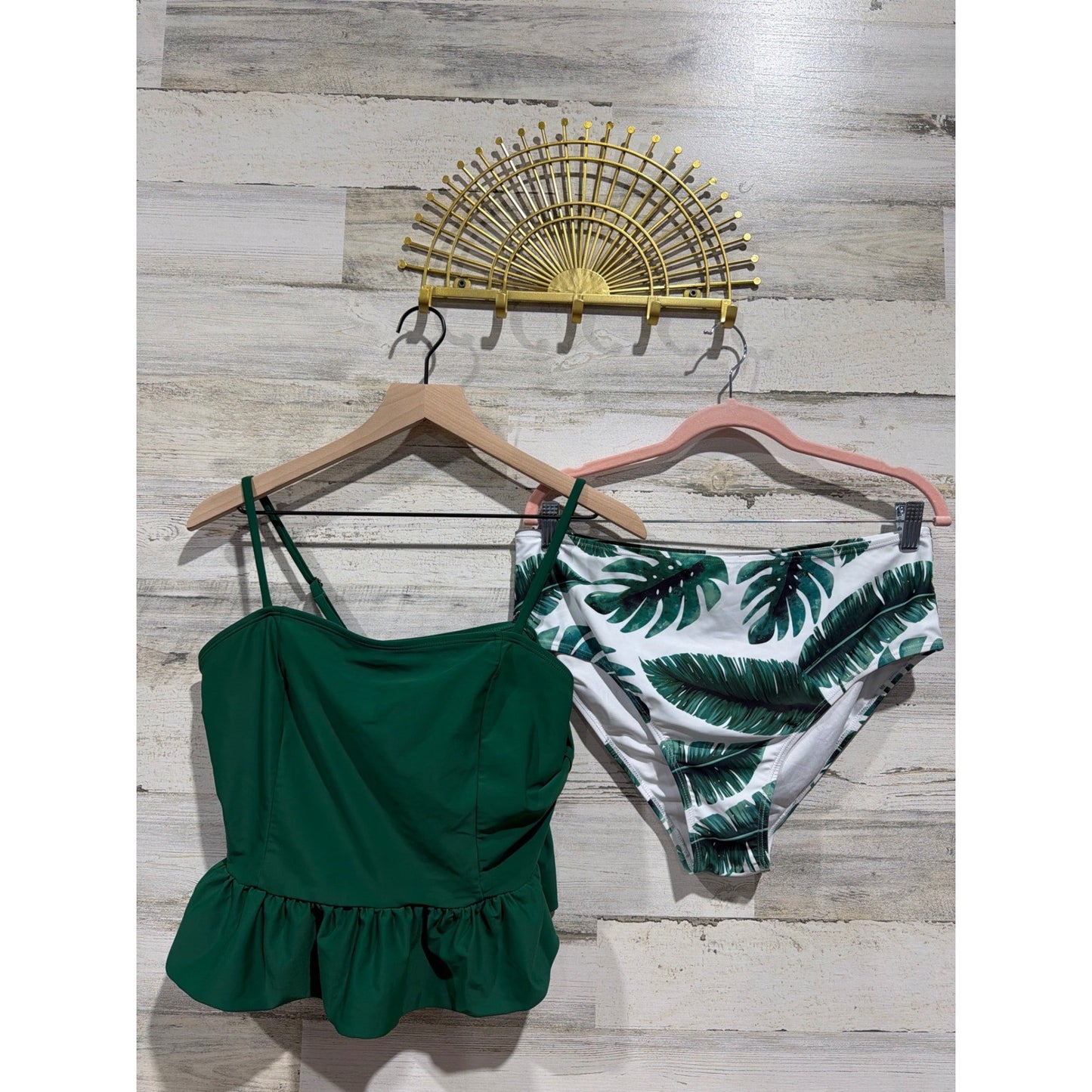 Boutique Tankini Swimsuit Women XL Green Palm Leaf Peplum Tropical EUC0