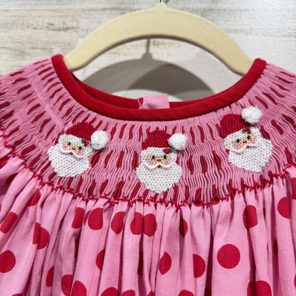 Southern Sunshine Smocked Dress Girls 7 Pink Santa Polka Dot Holiday EUC2
