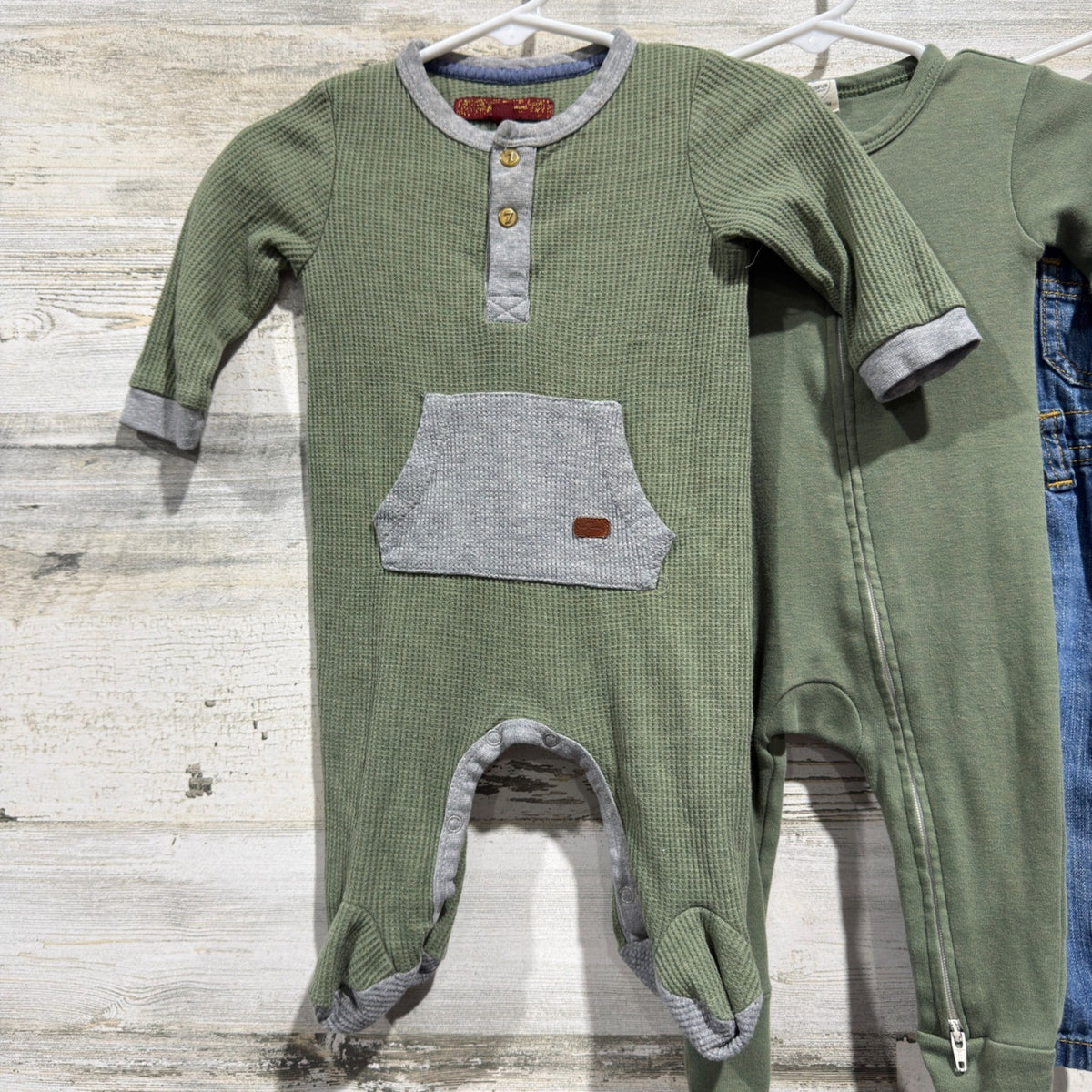 Little Planet 7 For All Mankind Baby Bundle 0-3M Green Gray Cotton Denim EUC4