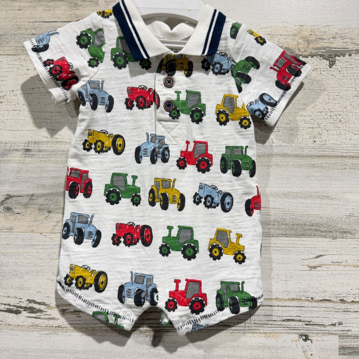 Mud Pie Romper Boys 0-3M White Tractor Print Polo Collar Farmcore EUC0
