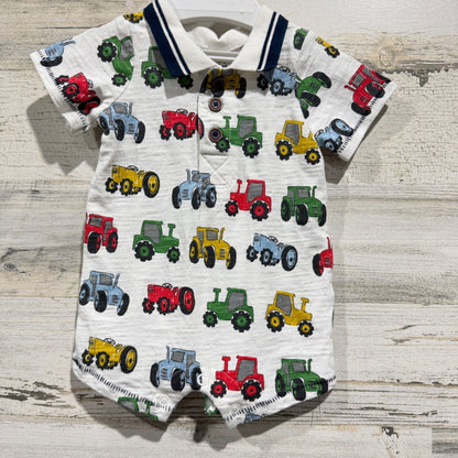 Mud Pie Romper Boys 0-3M White Tractor Print Polo Collar Farmcore EUC0