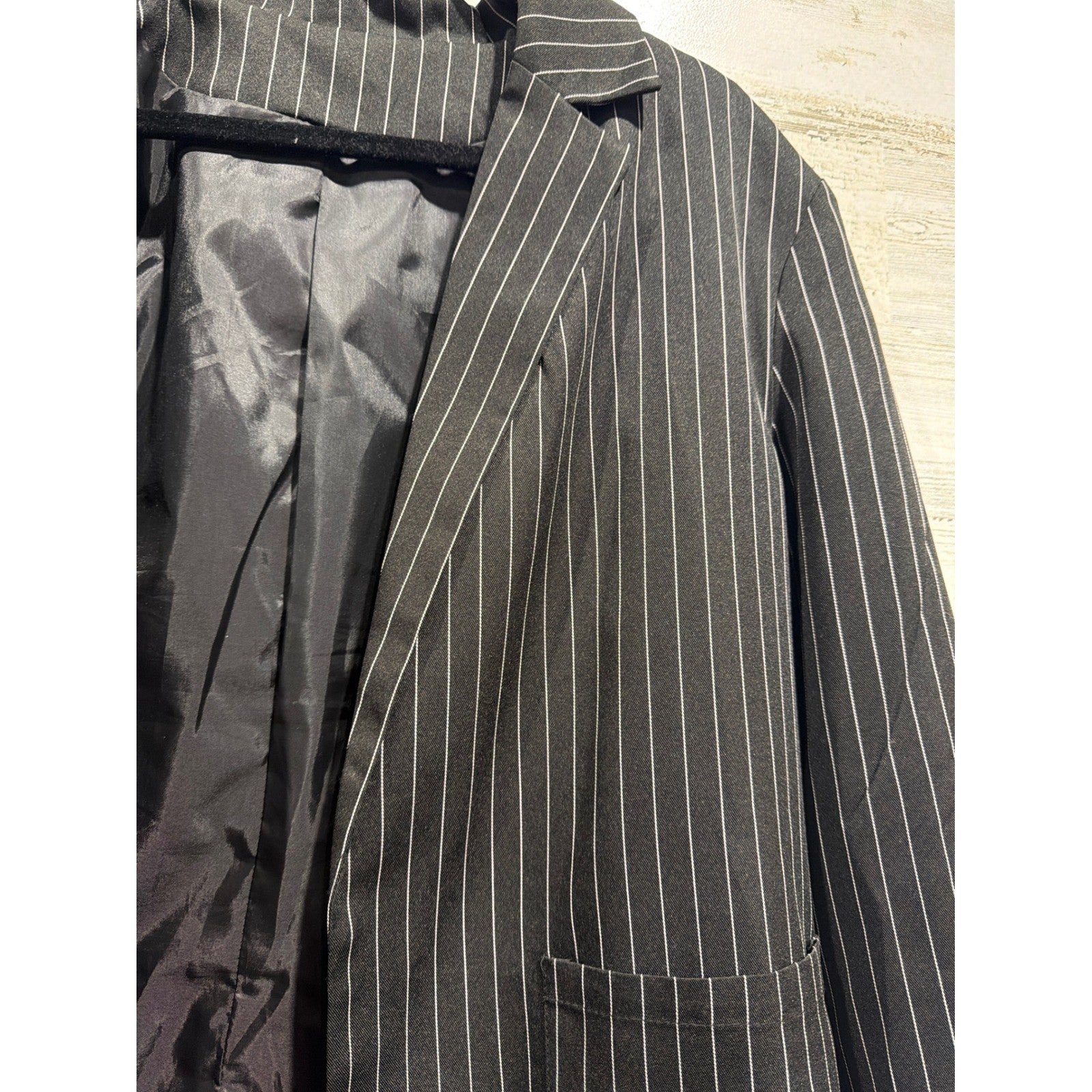 Pinstripe Blazer Women Large Black White Open Front Pockets Interview Office EUC1