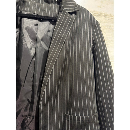 Pinstripe Blazer Women Large Black White Open Front Pockets Interview Office EUC1