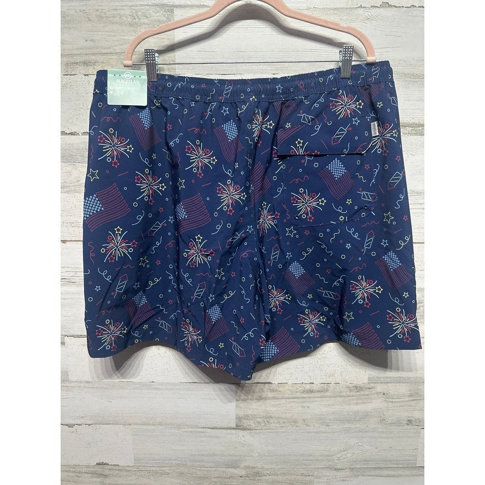 Magellan Outdoors Swim Trunks Mens XXL Navy Patriotic Fireworks Flags NWT2