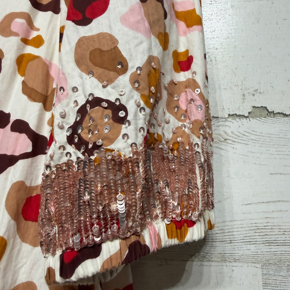 Pink Chicken Midi Dress Women Small Tan Leopard Sequin Cuff Cotton Boho EUC2