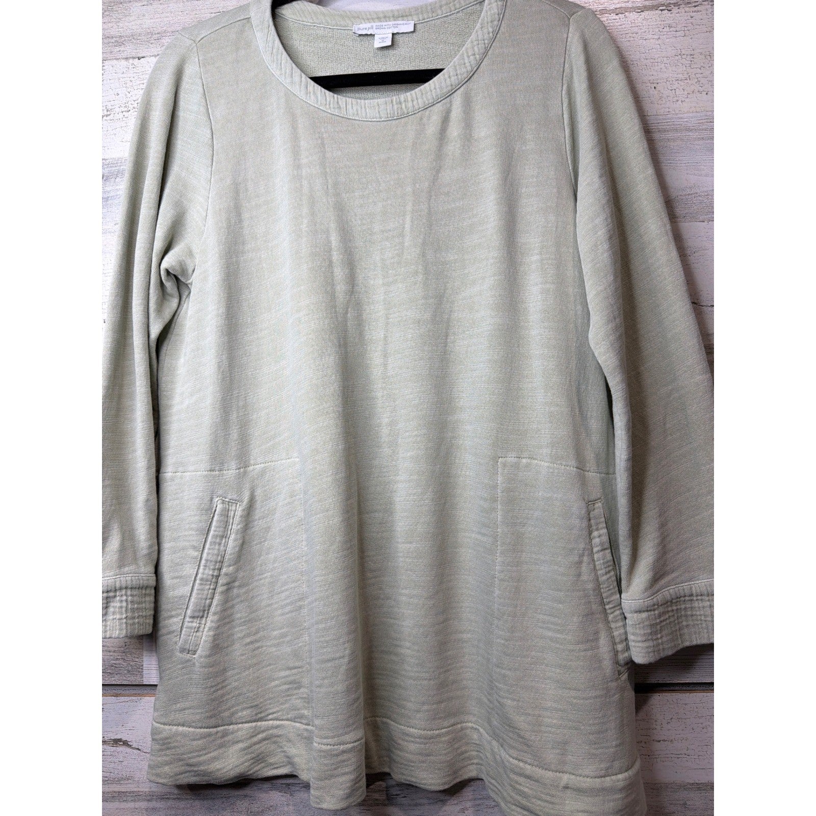 J. Jill Tunic Women Medium Petite Sage Green Organic Cotton Pockets EUC2