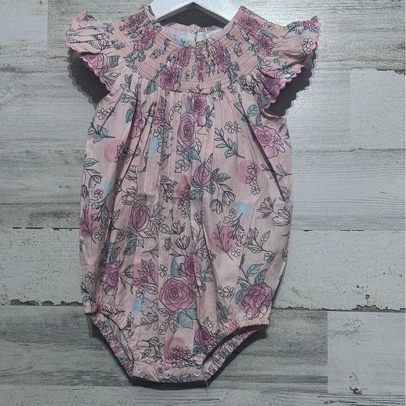 Lil Cactus Floral Smocked Romper Baby Girls 12-18M Pink Flutter Sleeve NWT0