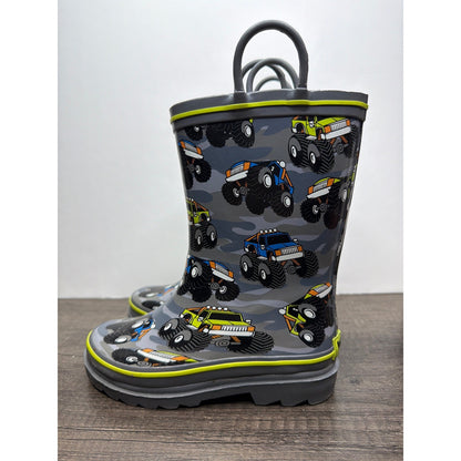 Western Chief Rain Boots Boys 11/12 Gray Monster Truck Camo Waterproof EUC2