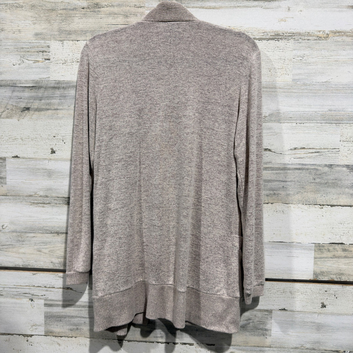 Bobeau Cardigan Women M Taupe Open Front Ribbed Pocket Soft Minimalist EUC3